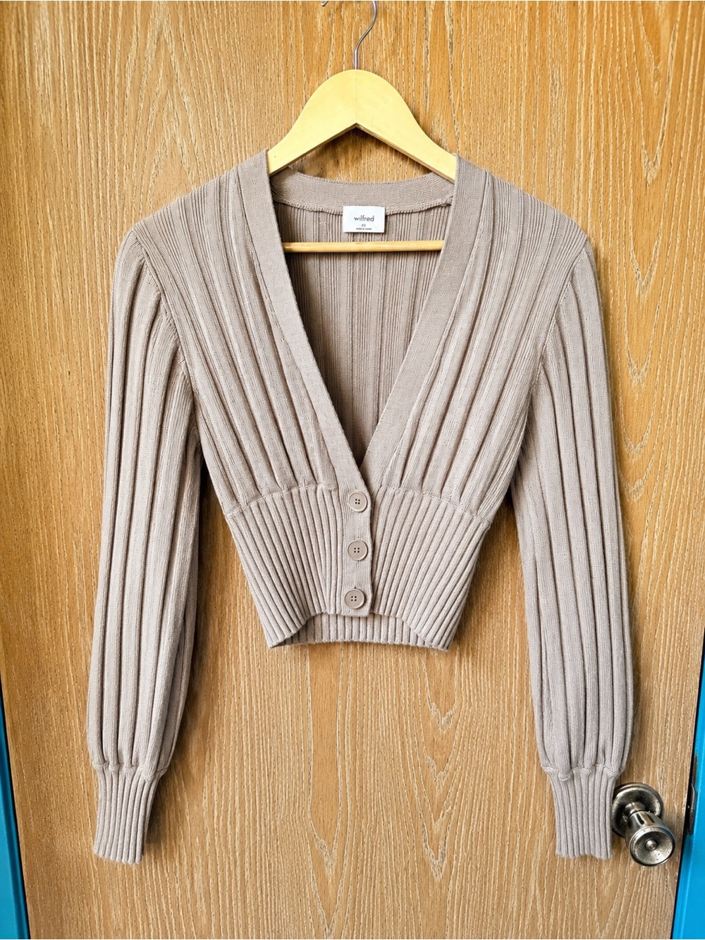 Wilfred Taupe Ribbed V-Neck Button-Up Cropped Sweater